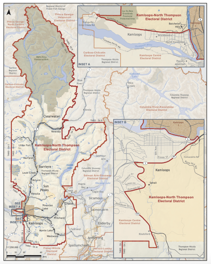 A map which shows the electoral district of Kamloops-North Thompson. Voters decide who will be a MLA for the provincial government. 