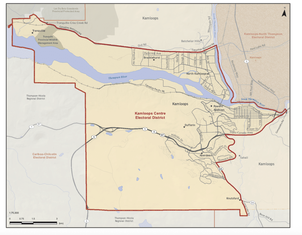 A map which shows the electoral district of Kamloops-Centre. Voters decide who will be a MLA for the provincial government. 