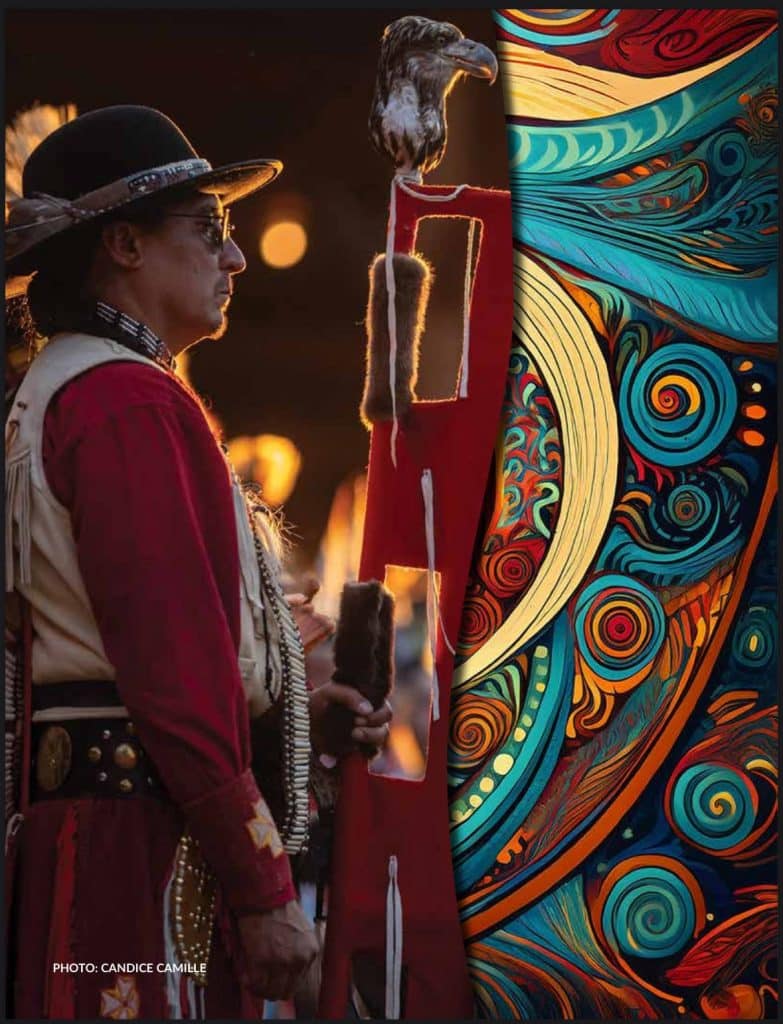 This photo shows a man with traditional clothing at the powwow for National Indigenous Peoples Day