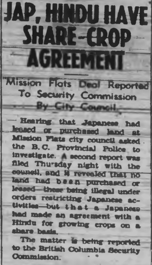 Kamloops Sentinel Headline: Jap, Hindu have Share Crop Agreement