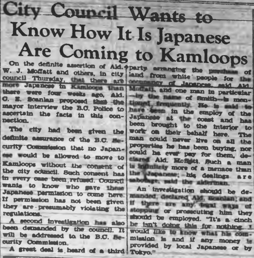 The Kamloops Sentinel headline: City Council Wants to Know How it is Japanese are Coming to Kamloops
