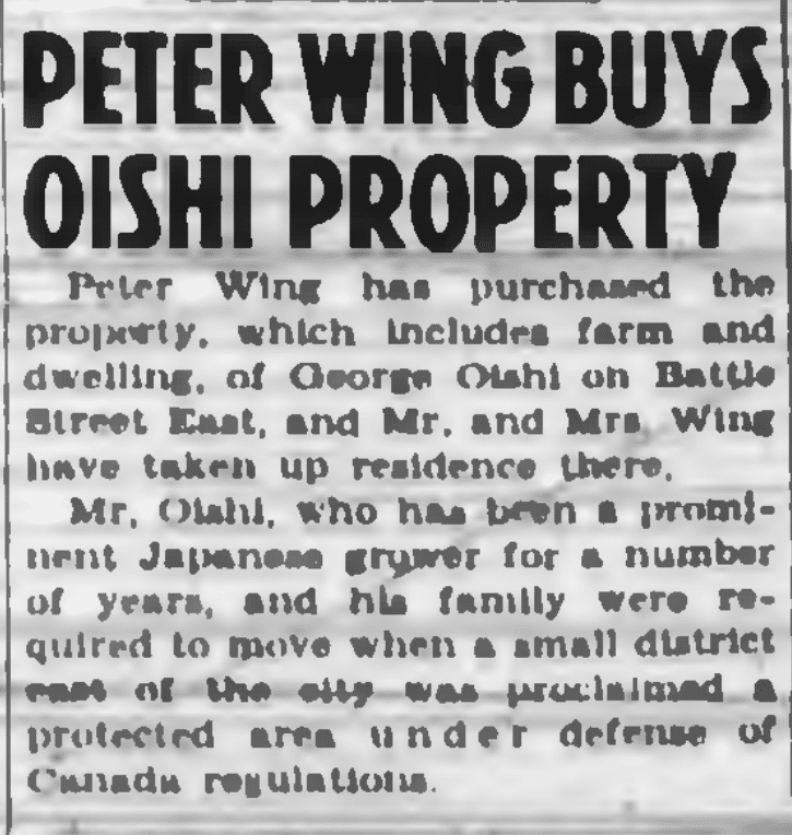 Kamloops Sentinel headline: Peter Wing Buys Oishi Property