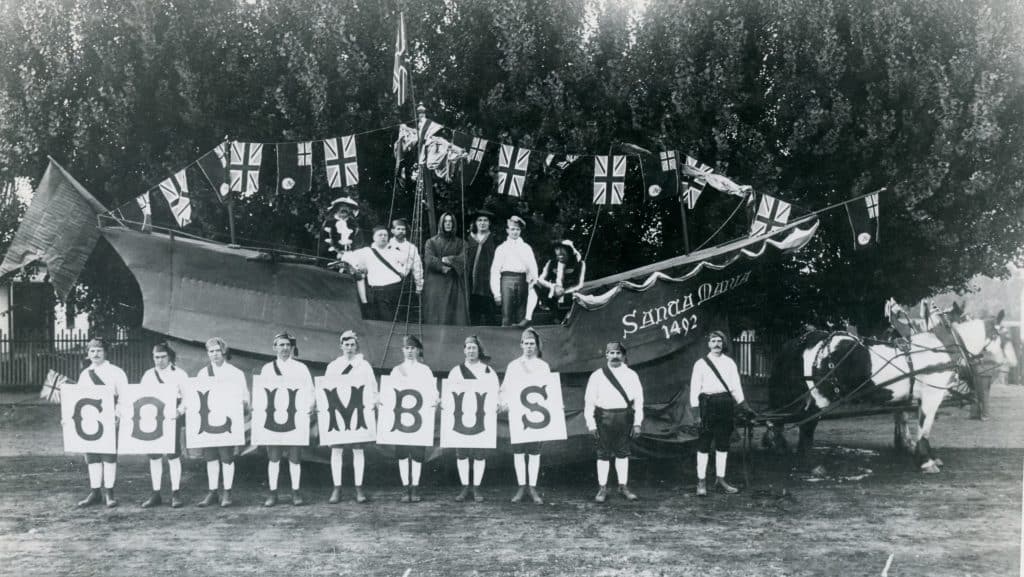 The Knights of Columbus, representing Kamloops’ Italian immigrants, show off the 1912 parade float of the Santa Maria — one of Christopher Columbus’ ships — flying the Union and Canadian Flags, signifying allegiance to the British Empire rather than Italy.