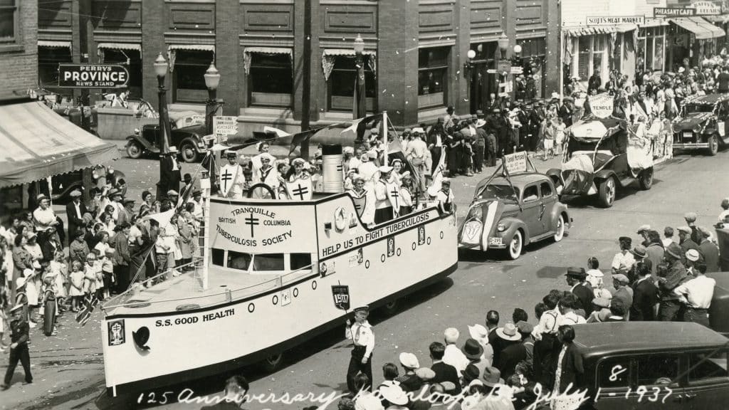 The S.S. Good Health float was a large steam ship replica in the 1937 float representing the Tranquille Sanatorium and the Tuberculosis Society.