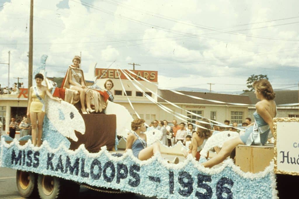 Miss Kamloops Lyle Laslo, and her attendants ride on a trout themed float in the July 1 parade of 1956