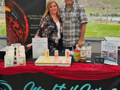 Photo of the owners of Mocktail Mixery at an event in Monte Creek Winery. They offer non-alcoholic options.