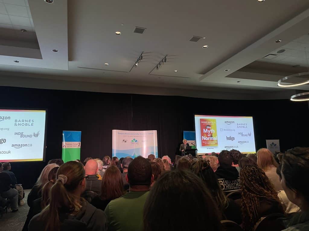 Gabor Maté speaks at Thompson Rivers University in Kamloops as part of the Common Voices lecture series on Feb. 11. Photo by Macarena Mantilla / The Wren
